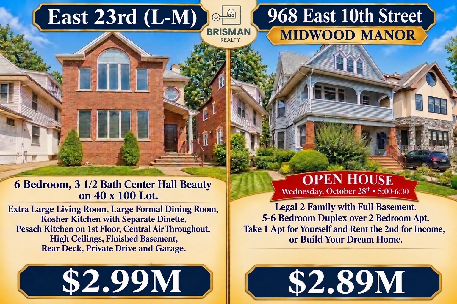 Supplied two-property flyer with broker contact lines removed; East 23rd Street · L–M is the left-hand property.